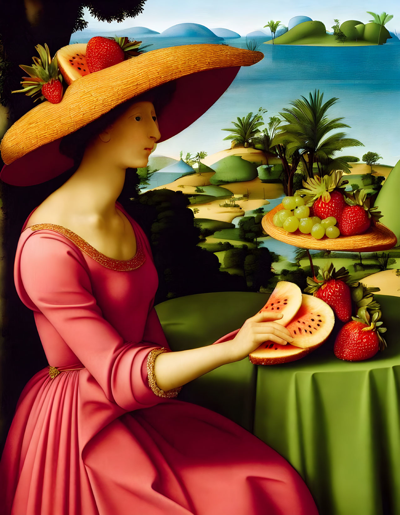 Surreal portrait of woman with wide-brimmed hat and fruit, tropical island backdrop