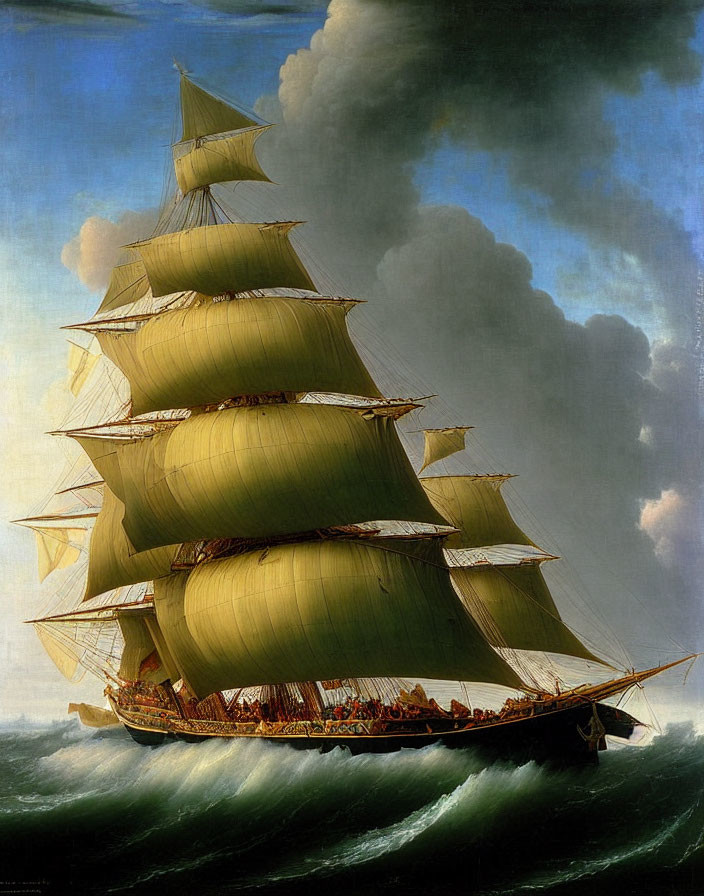 Vintage sailing ship with unfurled sails on stormy sea under billowing clouds