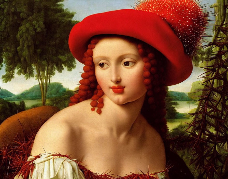 Woman with Fair Skin in Red Hat and Beads Against Green Landscape