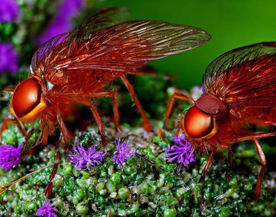 Translucent-winged red-eyed flies on green and purple plants