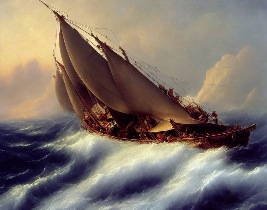 Stormy Sea Painting: Sailing Ship in Strong Waves