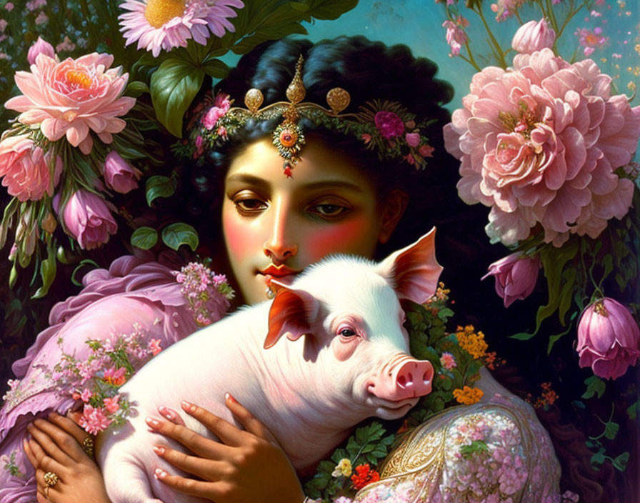 Woman with ornate headpiece holding piglet in lush pink flower setting