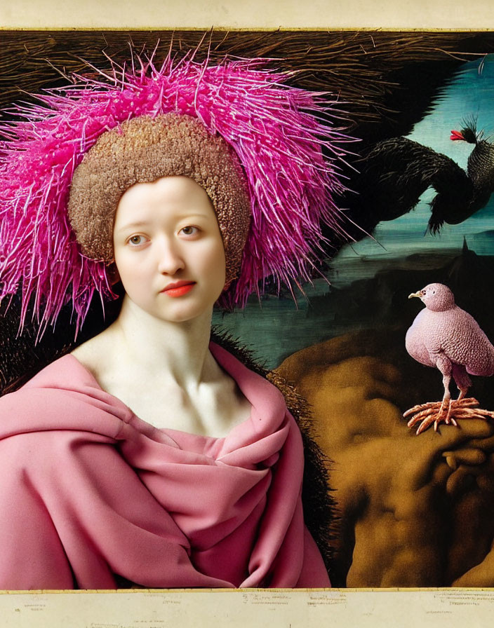 Surreal artwork: woman in pink robe with feathered hat & stylized bird