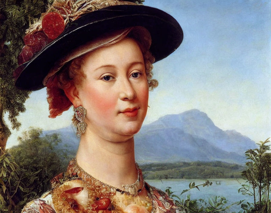 Classical portrait of woman with fruit hat in serene landscape