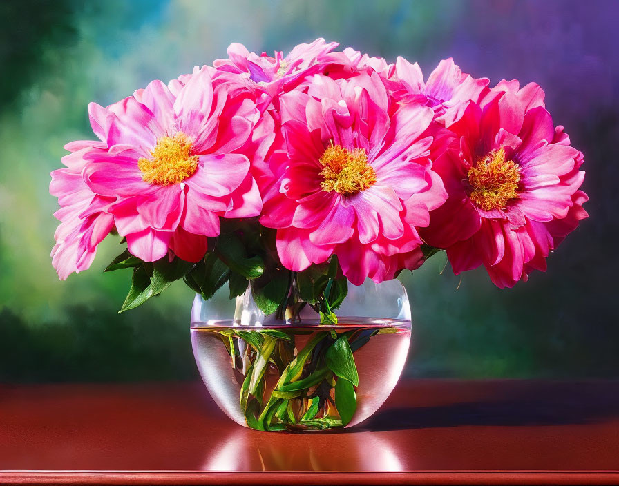 Pink peonies in silver bowl on wooden surface against colorful backdrop