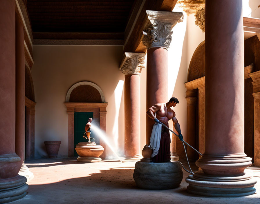 Classical courtyard cleaning with high-pressure washer and statuesque figure