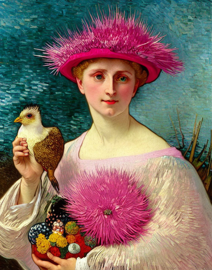 Woman in Pink Hat Holding Bird with Bouquet on Blue Background