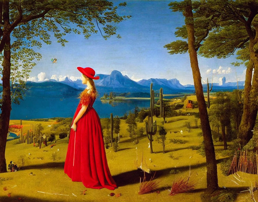 Woman in red dress and hat in surreal landscape with lake and unique trees.