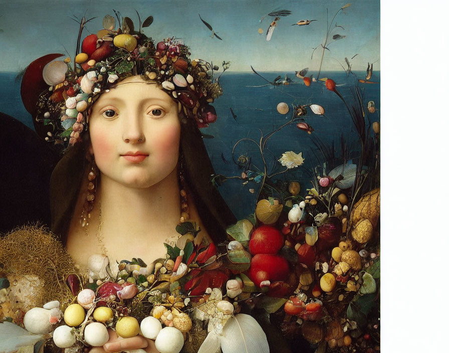 Portrait of Woman with Fruit Garland and Birds in Landscape