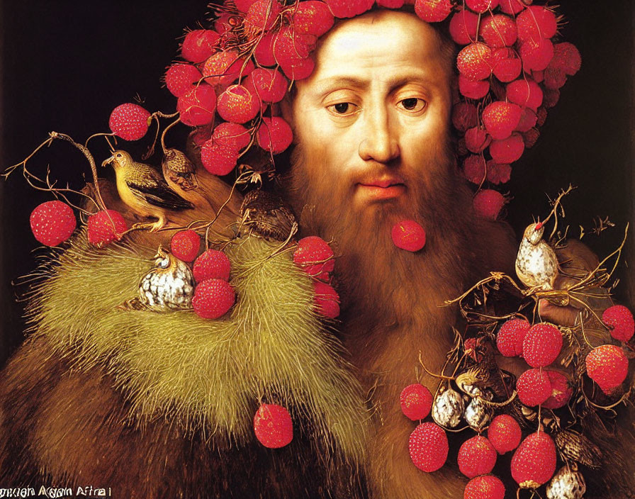 Man's Portrait with Twig, Leaf, Berry Head & Bird Nest Beard