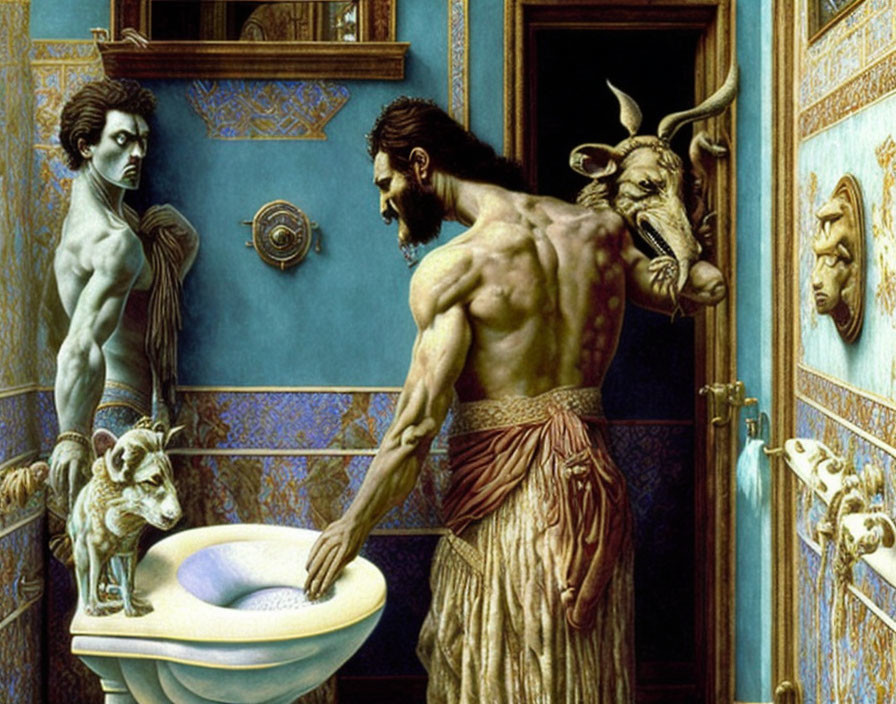 Surreal painting of muscular man with dual reflection in mirror