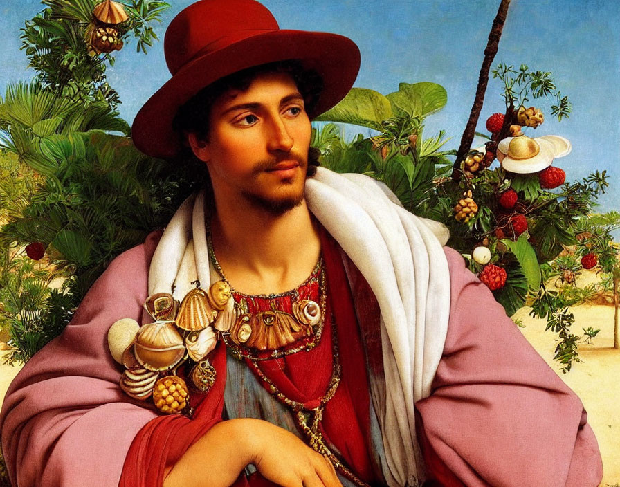 Renaissance-era man portrait with red hat and golden necklace against lush backdrop