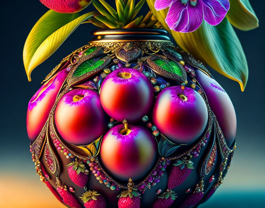 Ornate sphere with jewel-toned embellishments and red apples