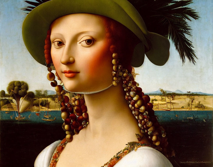 Renaissance-style portrait of a woman with fruit-adorned hat and serene landscape.