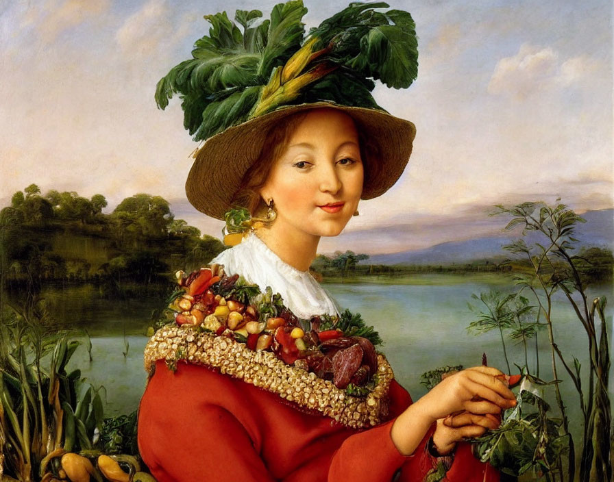 Portrait of woman with fruit and vegetable hat in pastoral landscape