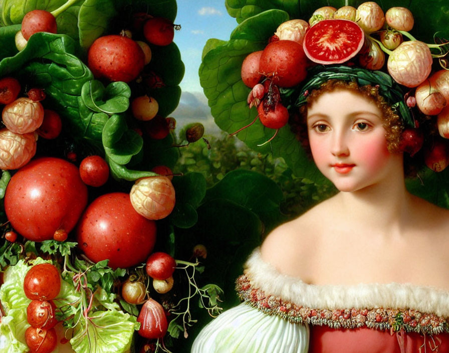 Classic Painting: Young Woman with Fruit and Vegetable Headdress