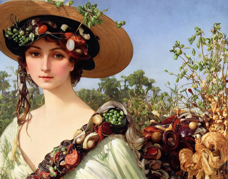 Classic Portrait of Woman Wearing Straw Hat with Fresh Fruits and Vegetables