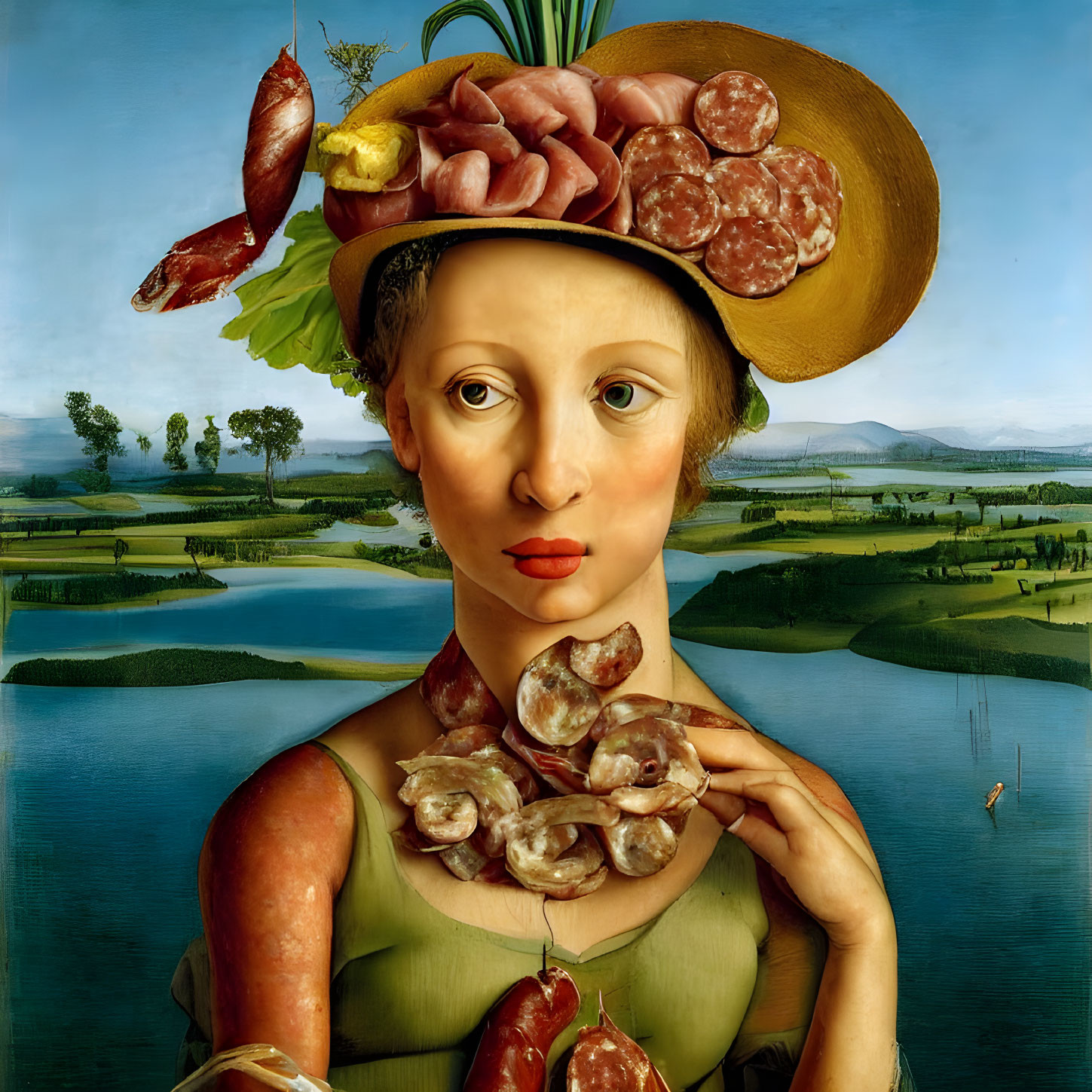 Person with Meat Hat & Shrimp Necklace in Surreal Landscape