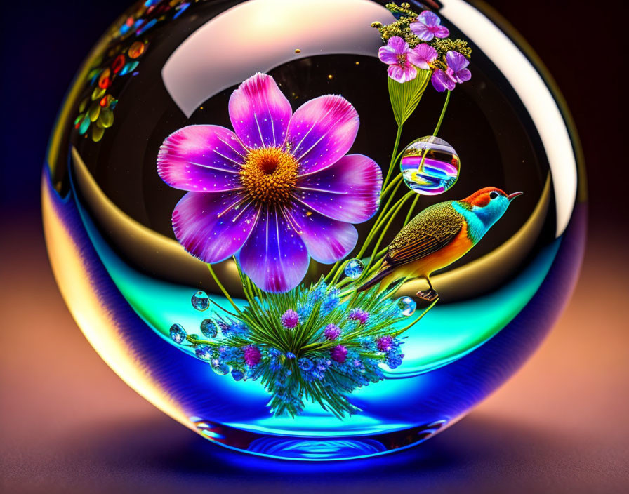 Colorful Hummingbird and Pink Flower in Luminous Bubble Sphere