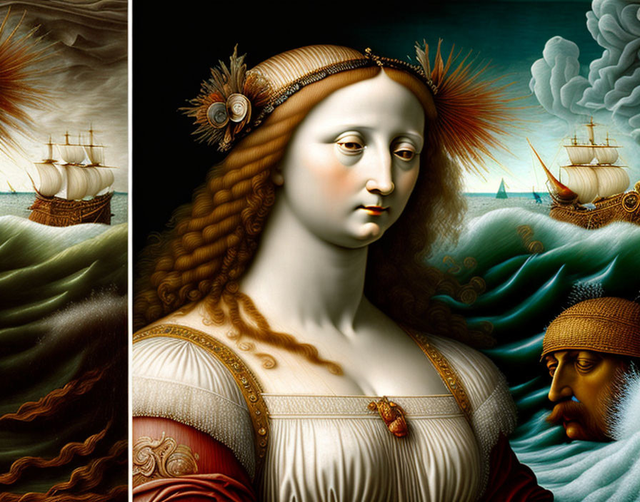 Surrealist painting of woman's face with maritime elements