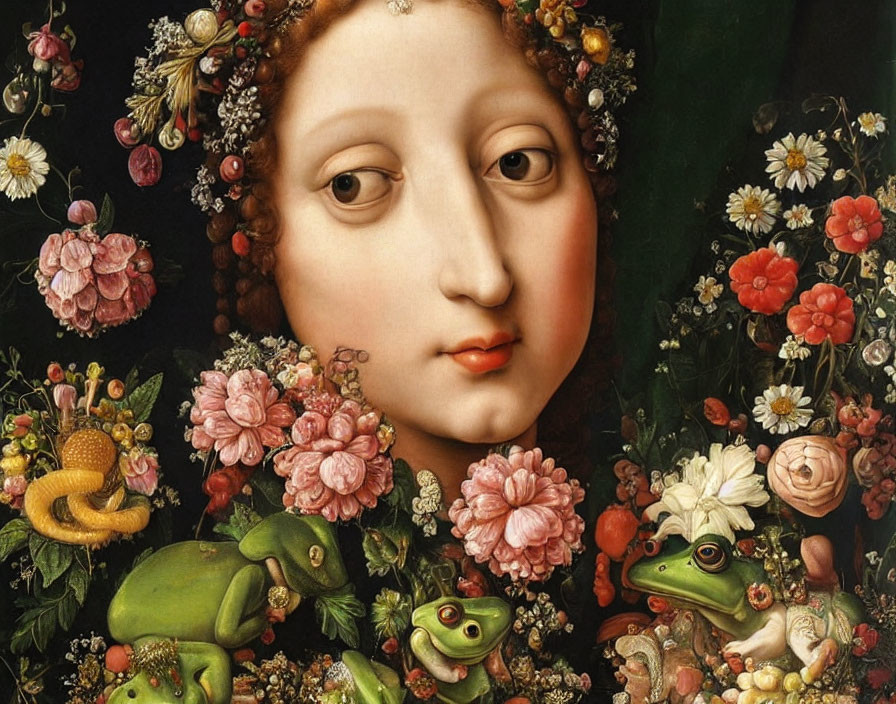 Portrait of woman with floral garland and frogs in Renaissance style