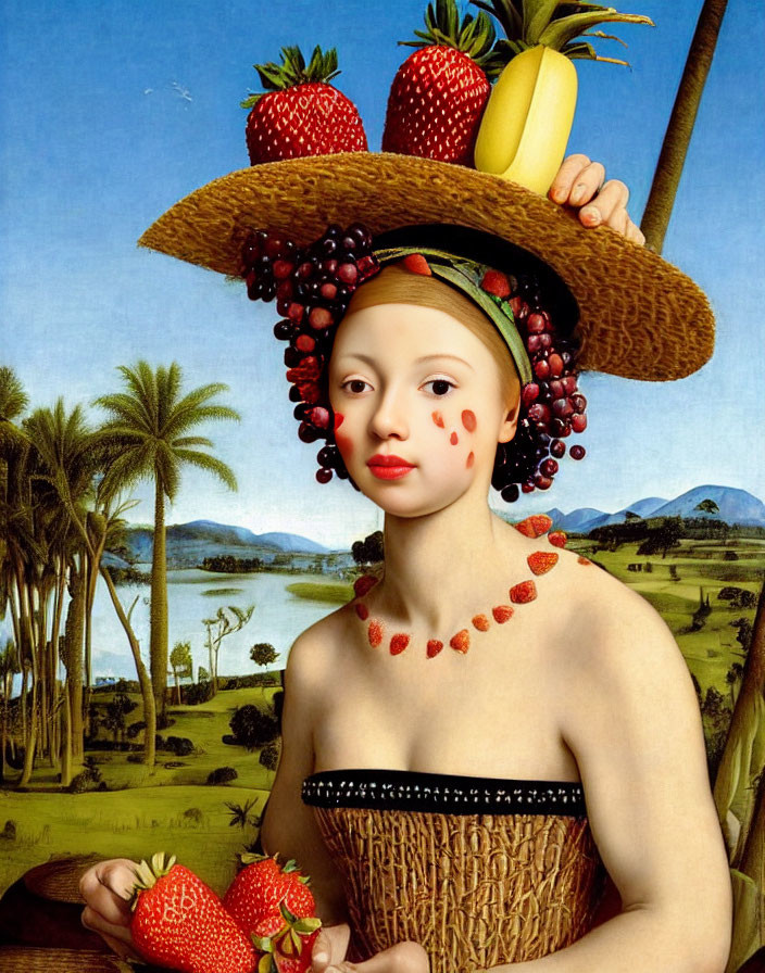 Surrealist portrait of a woman with fruit hat and berry necklace