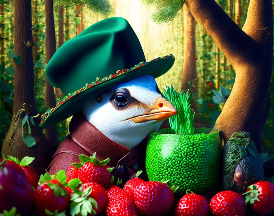 Whimsical penguin in Renaissance outfit with hat, strawberries, and leek in forest