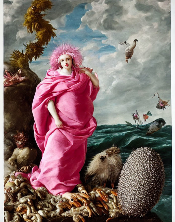 Surreal painting: Woman in pink robe with feathered hat amidst animals and birds on cloudy sky