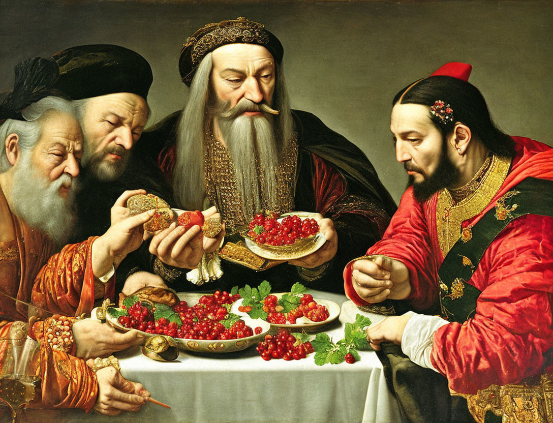 Four men in historical attire tasting strawberries with curiosity and scrutiny.