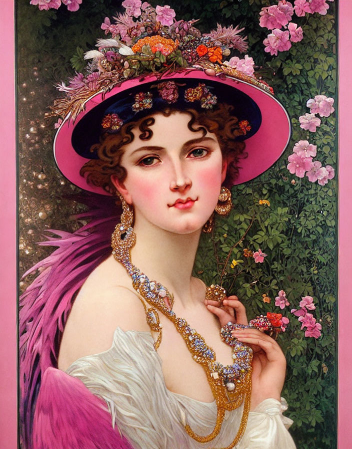 Elegant woman with curly hair in feathered gown and wide-brimmed hat adorned with flowers,