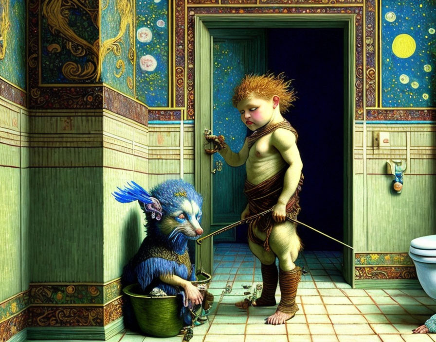 Child in mummy costume leads unique blue creature in starry bathroom scene