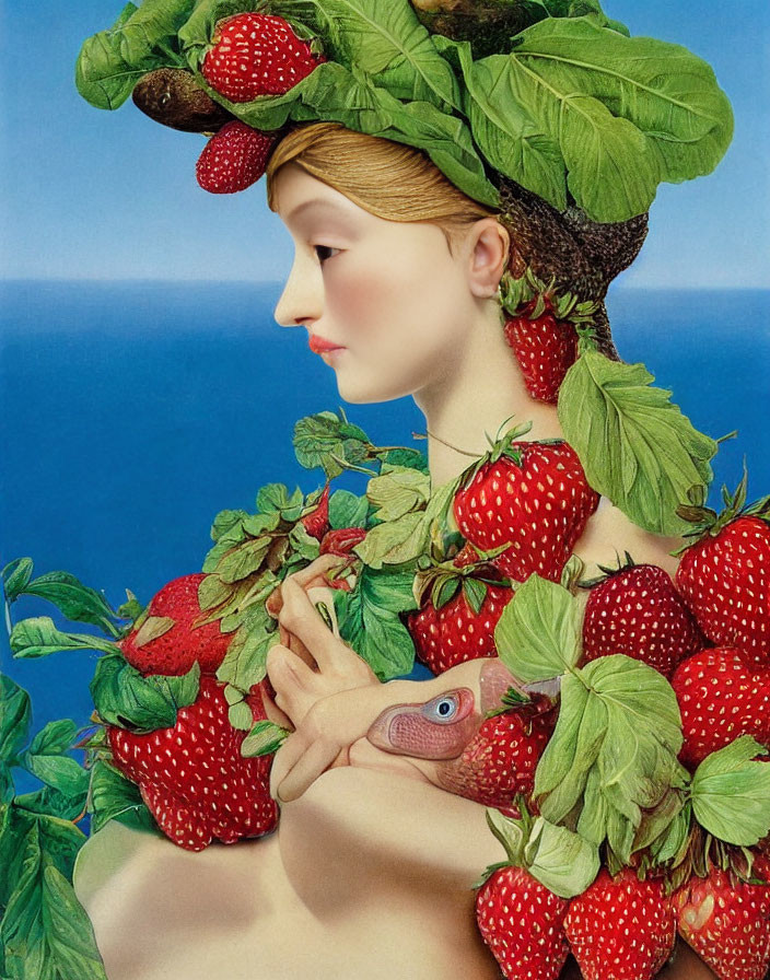 Surreal portrait: Woman with leaf headdress, berry hair, hugging strawberries, serene sea