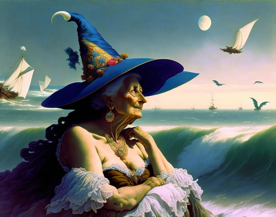 Moonlit seascape with old witch in blue hat gazing at ships