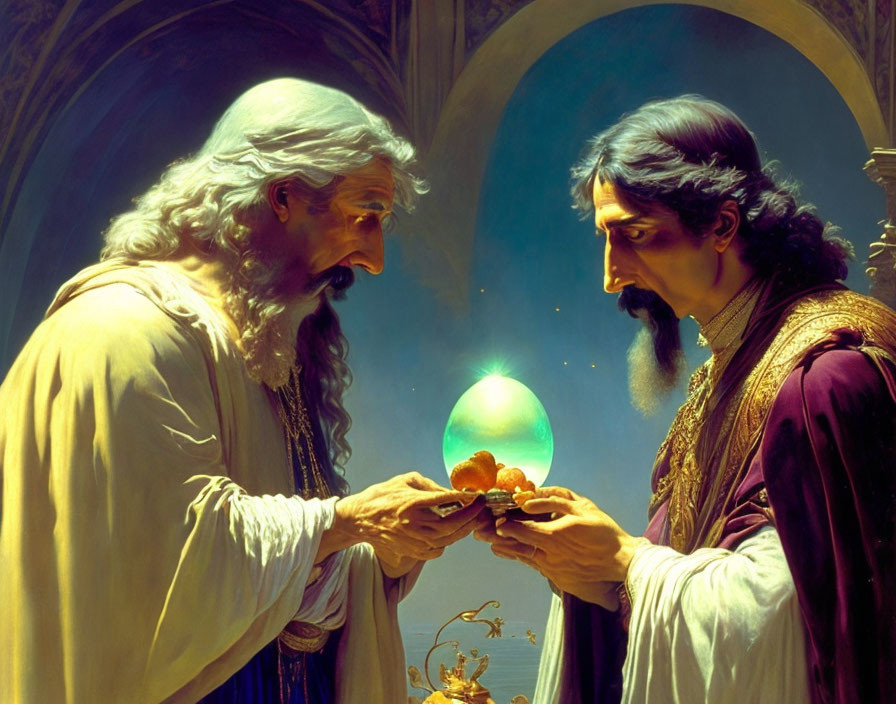 Two bearded men in historical clothing with a glowing green orb in ornate setting