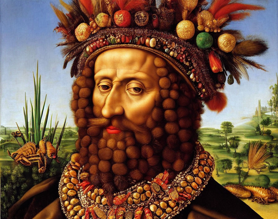 Detailed portrait of man with fruit and vegetable beard, crown, and jewels