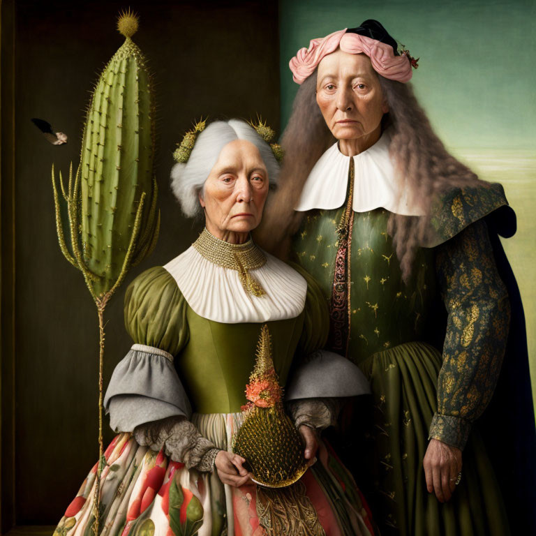 Digital Renaissance-style portrait of elderly couple in opulent attire with cactus and hummingbird