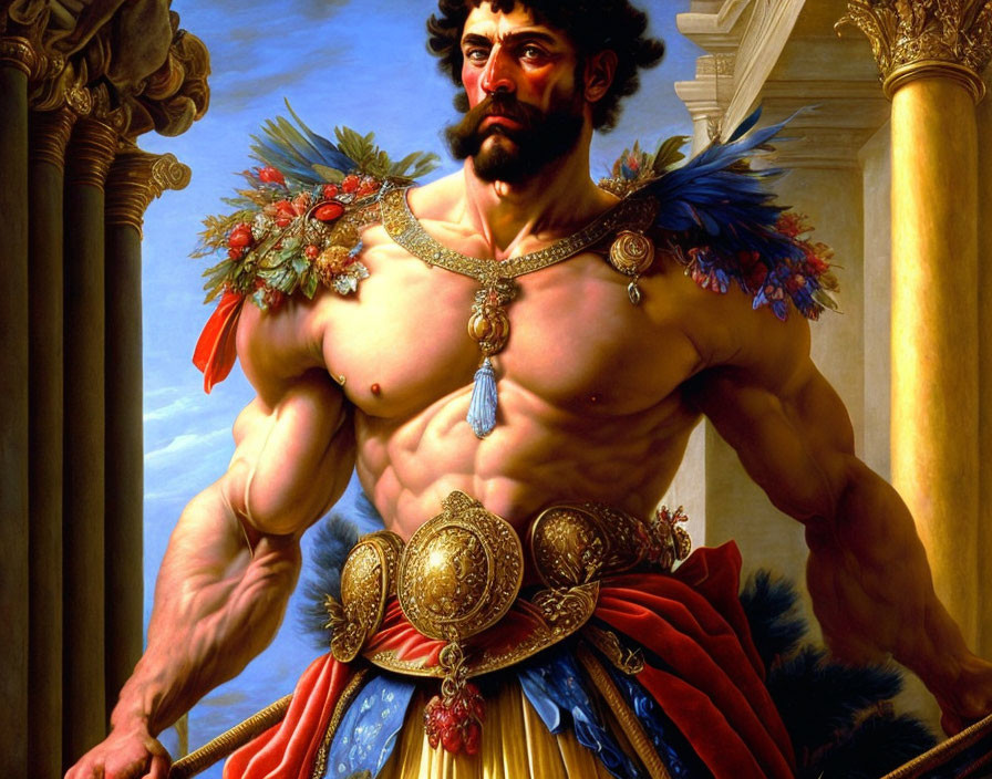 Classical painting of bearded man in ornate armor by columns