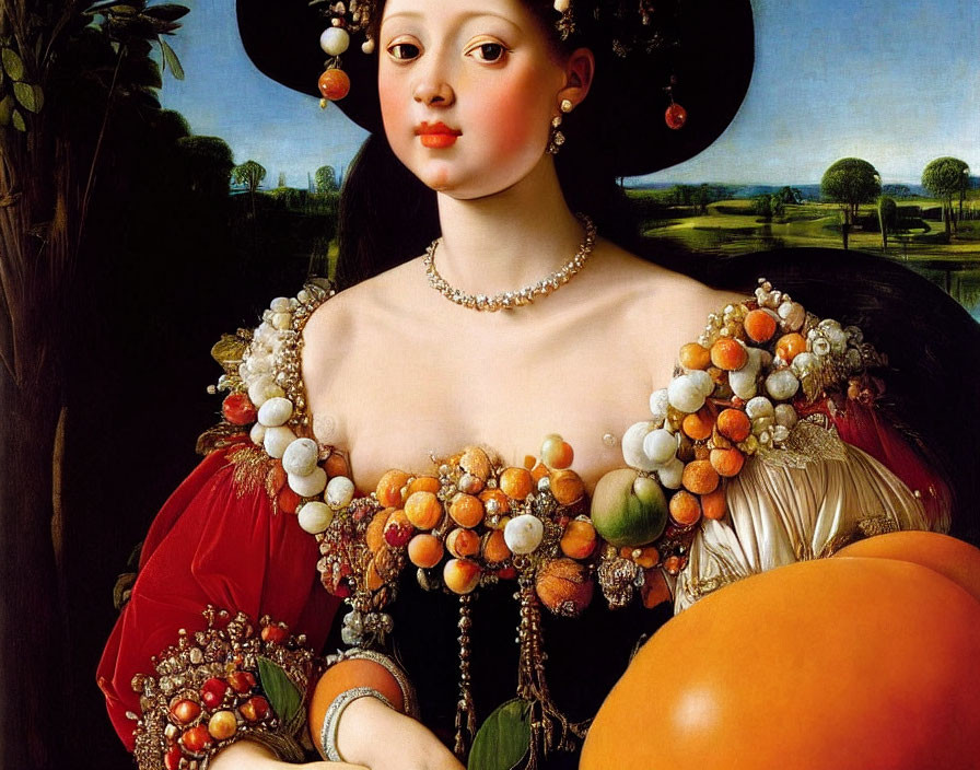 Renaissance painting of woman in fruit dress with wide-brimmed hat