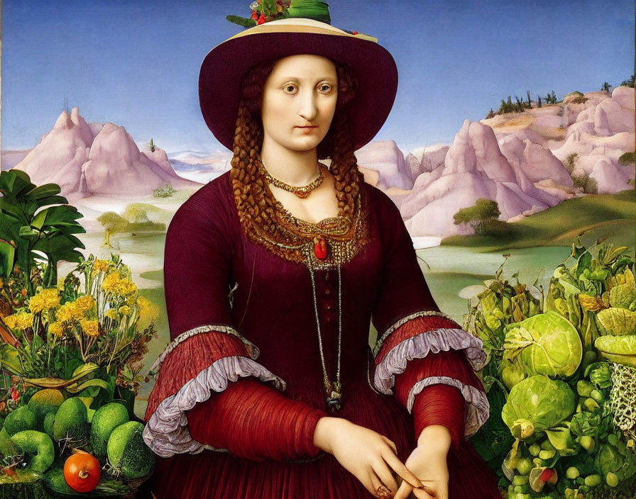 Portrait of woman in red dress with gold jewelry in fantastical landscape.