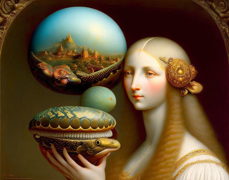 Surreal painting: Woman with porcelain skin, orbs with snake and castle landscape