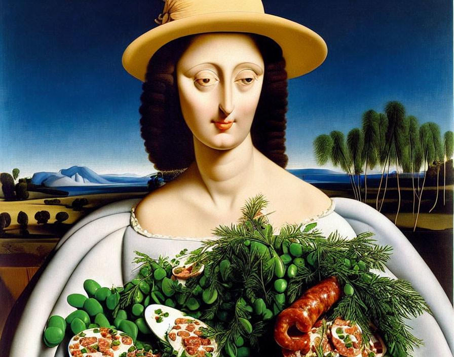 Surrealistic painting: Woman with hat merging into food landscape