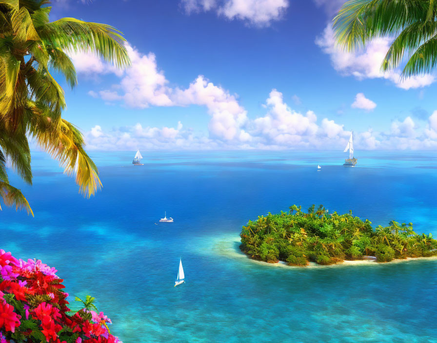 Tropical Island with Lush Greenery, Turquoise Sea, Palm Trees, Flowers, and Sail