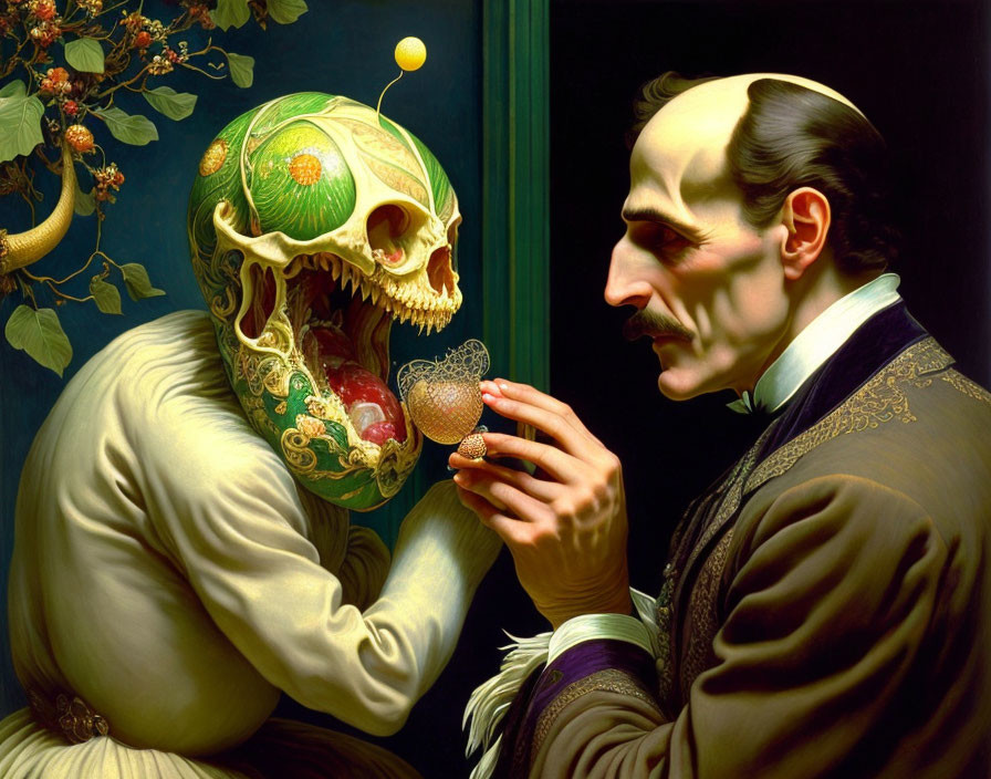 Surreal painting: person with melon head & elegantly dressed figure with intricate object