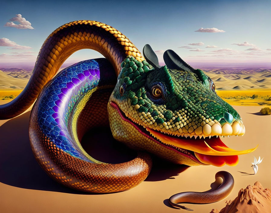 Colorful serpent-like creature with crocodile head in desert with flame and flower.