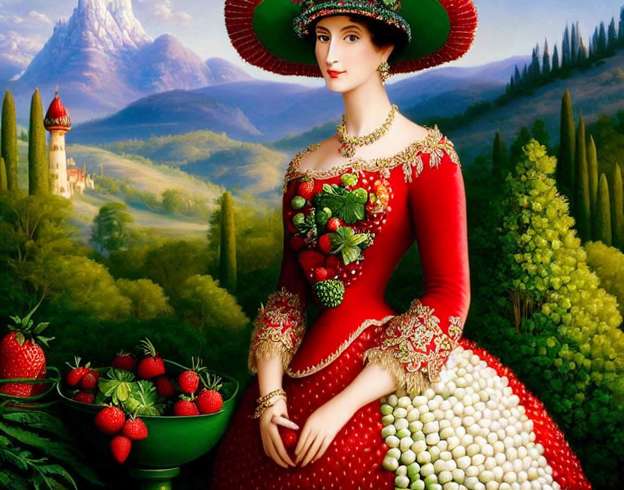 Woman in red dress with fruit patterns holding strawberries in front of castle landscape.