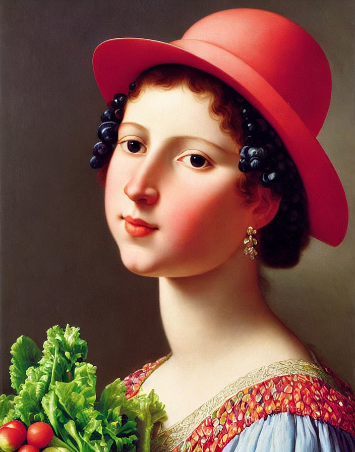 Woman in Red Hat with Grapes Holding Vegetables on Plain Background