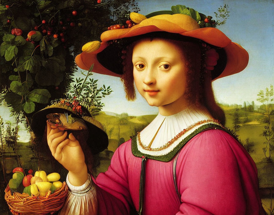 Renaissance portrait: Young person with fruit hat in pastoral setting