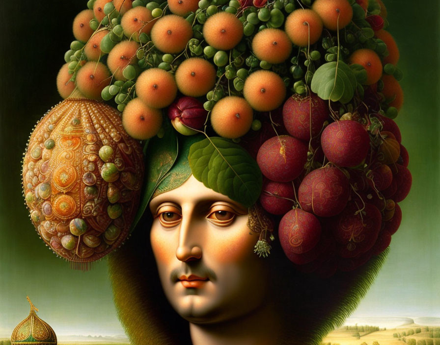 Person with Fruit Headpiece in Surreal Portrait