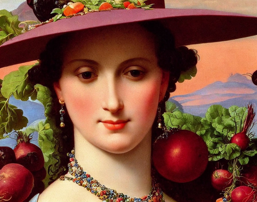 Portrait of woman in purple hat with fruit against serene landscape