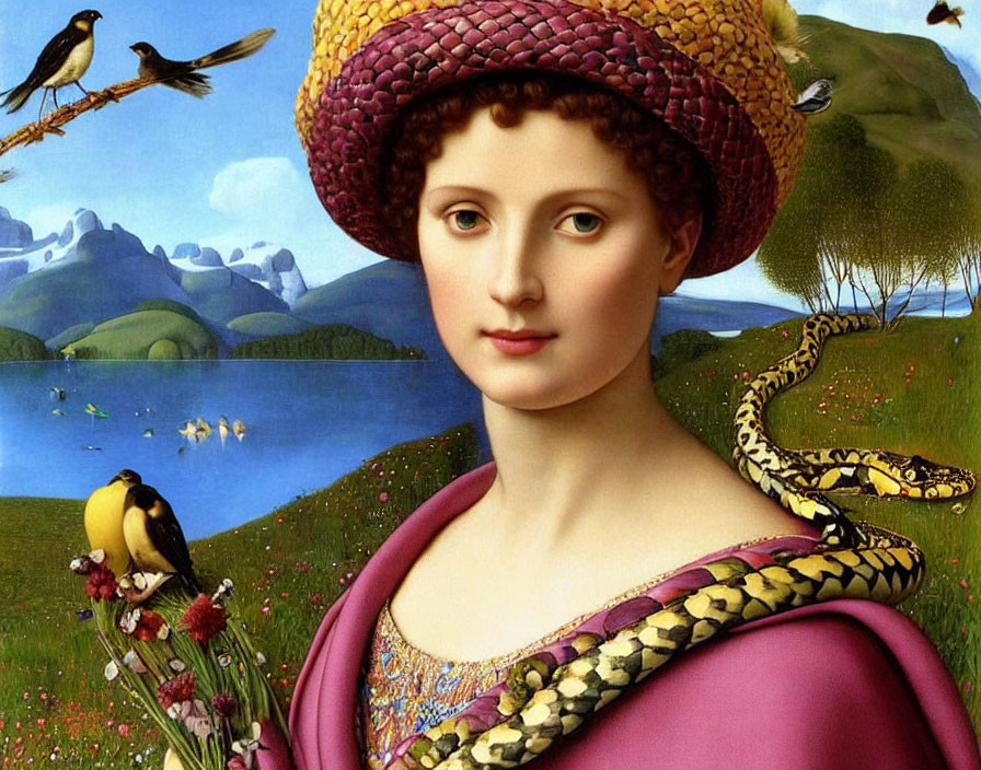 Surreal portrait: woman with woven hat, snake, birds, serene landscape